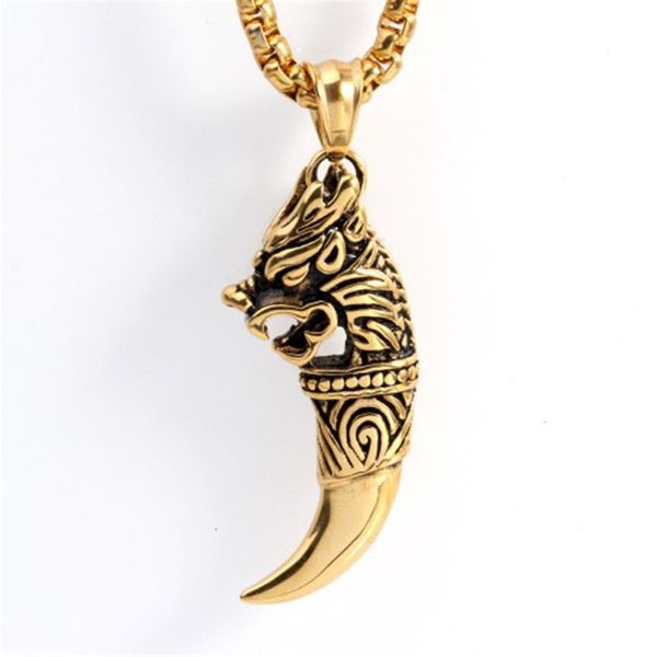 Подвесные ожерелья Dragon Wolf Зубной колье для мужчин хип -хоп/панк мужской золотой цвет из нержавеющей стали крутые ювелирные украшения
