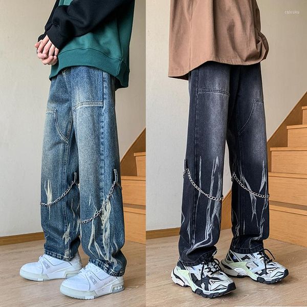 Herren-Jeans, Herren-Batik-Jeans, gerade, Hip-Hop, neutrale Denim-Hose, lockeres, weites Bein, Straßen-Cargohose, Mann-Kette, Baggy, groß, 5XL