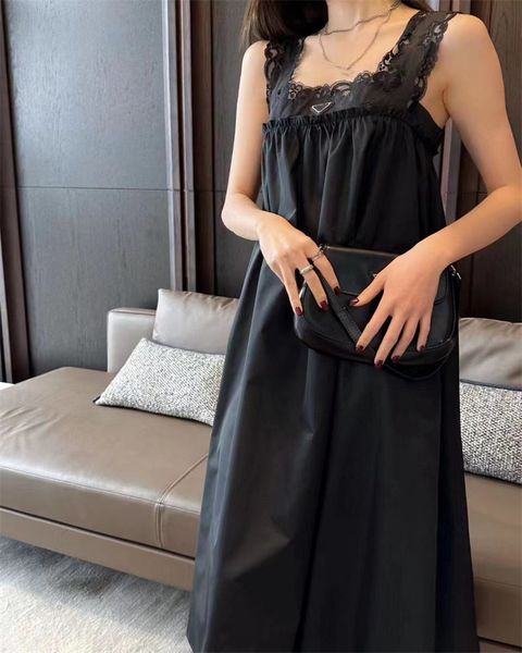 Mulheres vestido de renda moda carta elegante clássico padrão silm longo preto vestidos verão roupas femininas sem mangas para festa