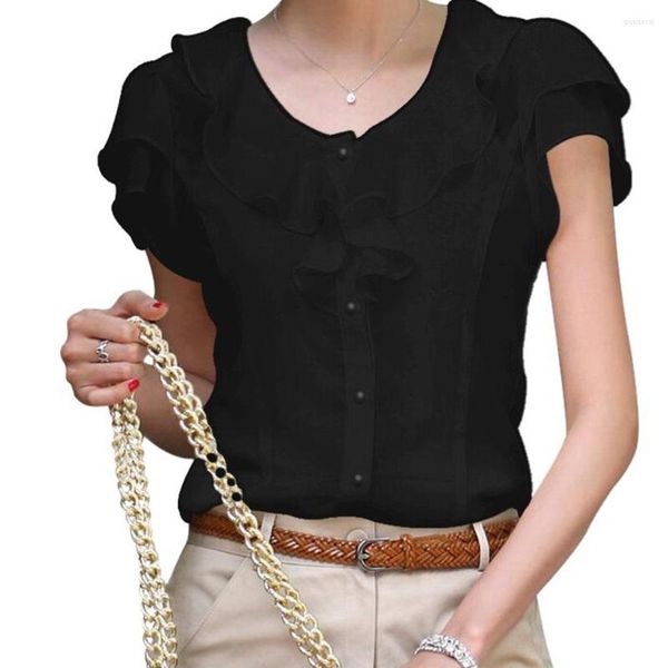 Kadın bluzları yaz kadın şifon bluz kısa kelebek kolu gömlek ofis gündelik gömlek beyaz üstleri fırfırlı kadın tatlı giyim artı boyutu
