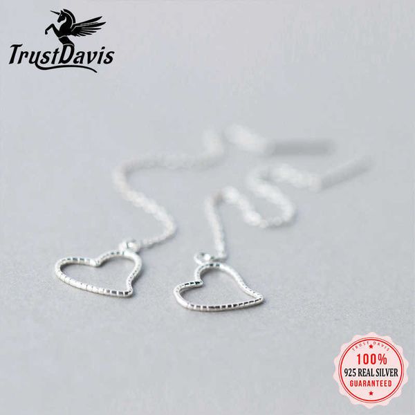 Charm TrustDavis 925 massives echtes Sterlingsilber, baumelnde Ohrringe, hohles Herz, verbunden, 9 cm Tropfen, Stick, Mädchen, Freunde, Geschenk, DS949 Z0323