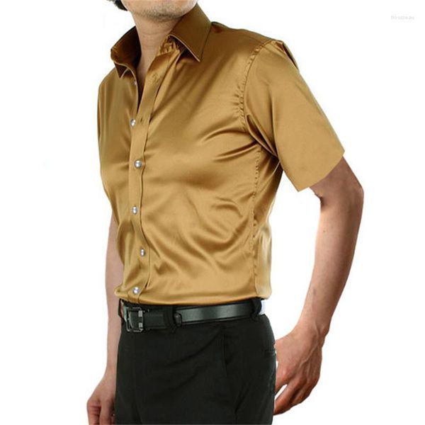 Мужские платья рубашки мужская рубашка с коротким рукавом мода Корея Шелк -атласный мужский мужчина Camisa Hombre пары свадебные имитации топы