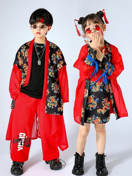 Sahne Giyim Moda Kırmızı Kıyafetler Çocuklar için Çin tarzı Caz Dans Kostümleri Performans Balo Salonu Hip Hop Giysileri DQS8353