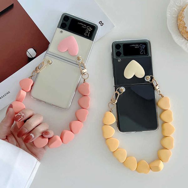 Custodie per cellulari Fashion Cute Love Heart Bracciale Custodia per telefono portatile a catena a mano per Samsung Galaxy Z Flip 3 5G Hard PC Bowknot Cover protettiva Z0324