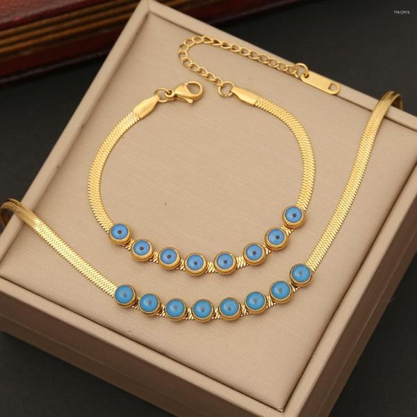 Halsband 316L Edelstahl Blue Eye Muster Halskette Armband Für Frauen 2023 Mode Mädchen Gold Farbe Handgelenk Schmuck Set Party geschenke