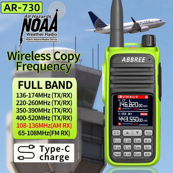 Walkie Talkie Abbree AR730 Air Band Wireless Cópia Frequência 256CH Walkietalkie NOAA canal de tempo Receba typc Charging bidirecional Radio 230324