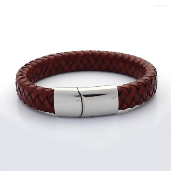 Braccialetti con ciondoli Braccialetti da uomo intrecciati larghi 12 mm Bracciale retrò in vera pelle con perline in acciaio inossidabile con chiusura magnetica