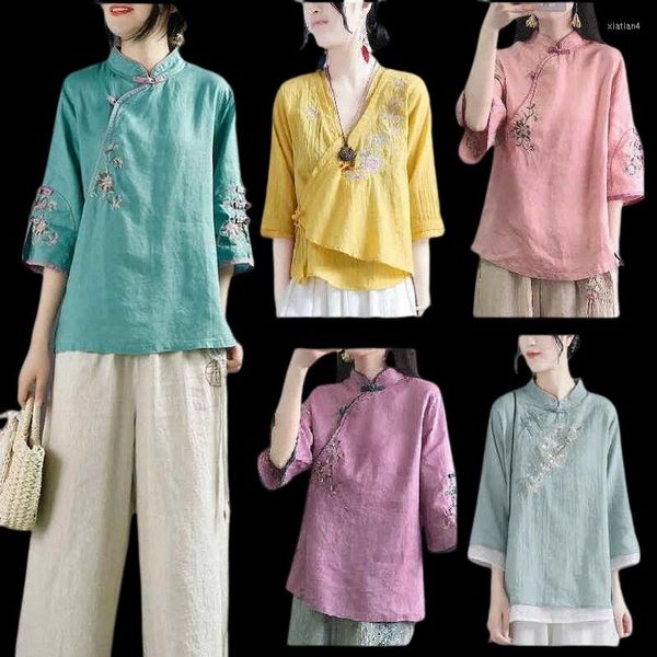 Blouses feminina estilo chinês Camisas de linho de algodão chinesas Botão de colarinho de colarinho feminino