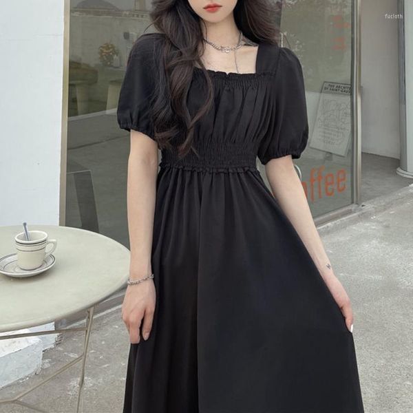 Casual Kleider 2023 Schwarz Vintage Midi Kleid Sommer Elegante Frauen Puff Hülse Plus Größe Lose Sommerkleid Robe Femme