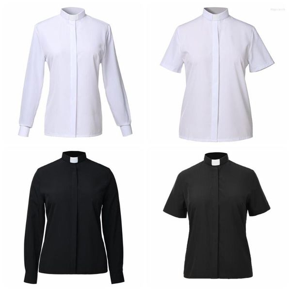 Blusas femininas camisas das mulheres blusas camisa do clero feminino sacerdote colar blusa topos igreja pastor branco preto tab uniforme XS-5XL