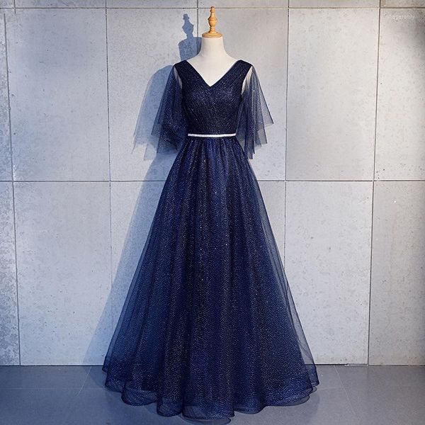 Roupas étnicas moda moda elegante marinha azul dama de honra Bandagem de tule de tule longa vestidos de renda para festa de casamento baile qipao