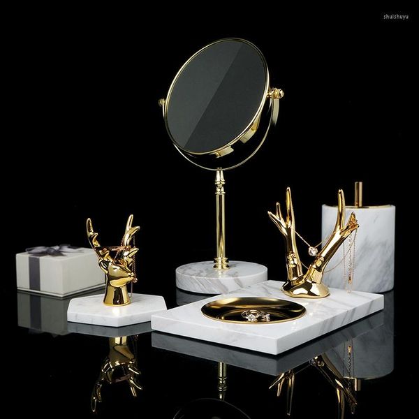 Acessório de banho Conjunto de jóias de mármore natural Vanidade Mirror Espelho Cosmético Bandeja de recipientes de luxo de luxo dourado Acessórios para banheiros