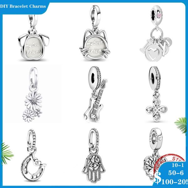 925 Silberperlen-Charms für Pandora-Charm-Armbänder, Designer für Frauen, Blume, Katze, Gitarre, Mondperle