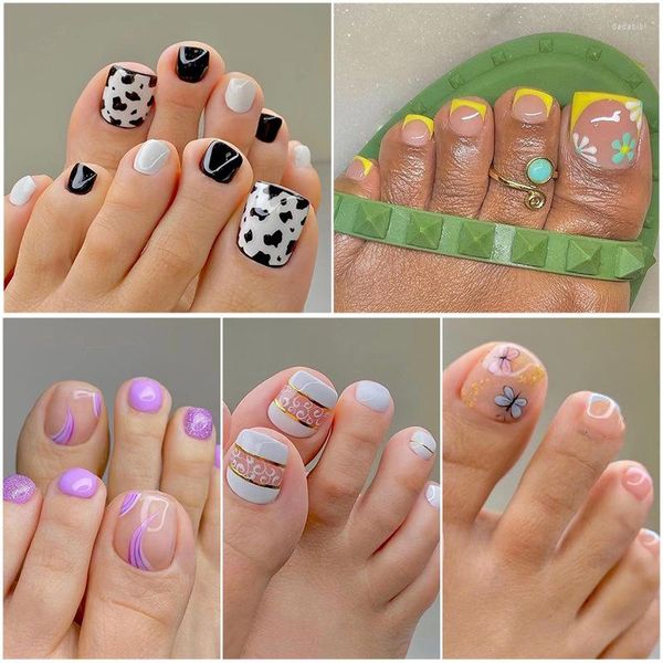 Unghie finte HEALLOR 24Pcs Toe Nail Press On Women Patch Unghia del piede 3D Glitter Decor Falso con colla Short Manicure Square