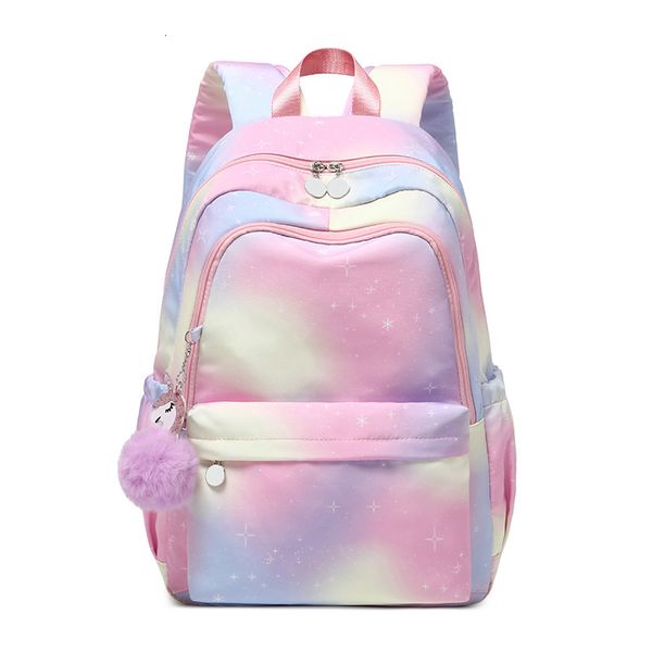 Mochila escolar para meninas, mochila escolar para livros, com estampa de arco-íris, para crianças do ensino médio, leve, 230324