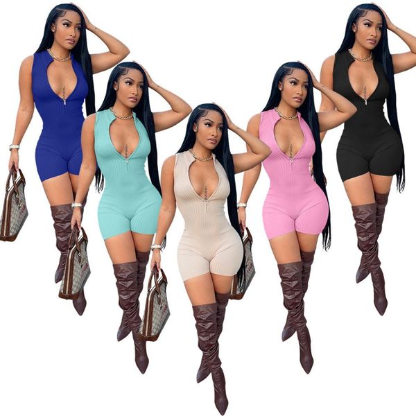 Großhandel Boutique Frauen One Piece Outfits Strampler Solid Ribbed Zip Deep V Playsuits Sommer ärmellose kurze Overalls Designer 9578