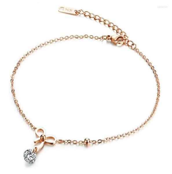 Bracciale rigido in oro rosa con catena in acciaio inossidabile, fiocco da donna, cristalli, cavigliera, catene per regali, 20 cm, 5 mm, braccialetto Kent22