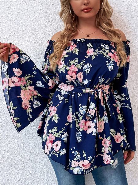 Camiseta plus size feminina estampa floral grandes blusas peplum para mulheres gordinhas Tops curvilíneos Primavera verão 2023 Laceup Solid SubsImized Big Rouping 230324