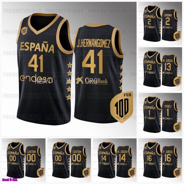 Spanien Team 100 Centennial individuelles schwarzes Espana-Trikot Tyson Perez Lorenzo Brown Marc Gasol Willy Hernangomez Pau Gasol Juan Hernangomez