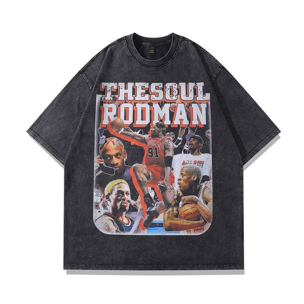 Мужские футболки TKPA American Hip Hop Rodman Print Print Print Fit Fit Shirt Men's China-Cheic Brand Shape Wash используется