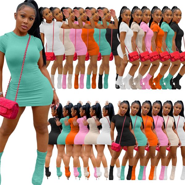 Vestidos com nervuras de verão de verão Mulheres de manga curta Bodycon Mini Dress Ladies Solid Slim lápis Festas Festas Clube Use roupas de atacado a granel 9577