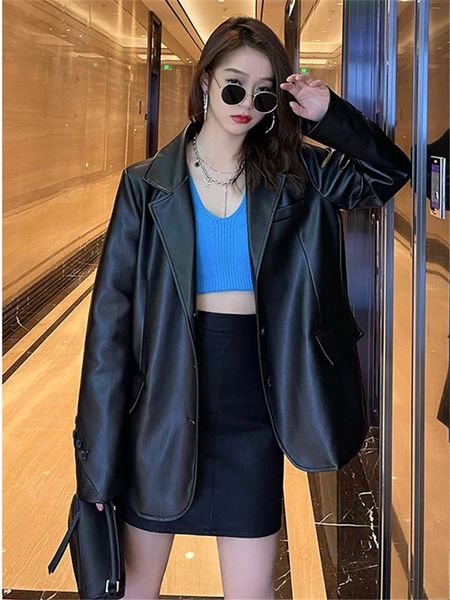 Jackets femininos Black Vintage Leather Jacket Women Women Korean High Street Loose Biker Coat Feminino 2023 Spring Outwear Single Basted Chic Tops 230324