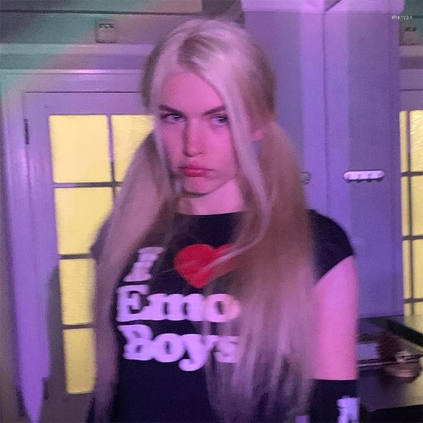 T-shirt da donna anni 2000 Vintage Harajuku Gothic Grunge Style Y2k Abbigliamento I Love Emo Boy Stampa T-shirt Fata Sexy Crop Top Manica corta