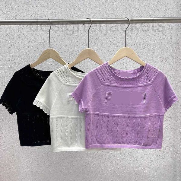 Designer de camisetas feminina nova letra sólida de moda Jacquard Hollow Out pescoço de malha curta de malha picante mostra um peso fraco diminui a idade para mulheres dkv