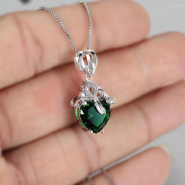 Подвесные ожерелья винтаж зеленый сердечный цепь для женщин для женщин серебряный цвет маленькое хрустальное свадебное ожерелье Объединение