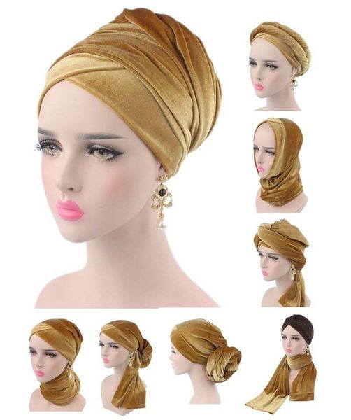 Bandanas Durag Luxo Plissado Veludo Mágico Turbante Hijab Cabeça Envoltório Longo Tubo Indiano Headwrap Lenço Gravata 230323
