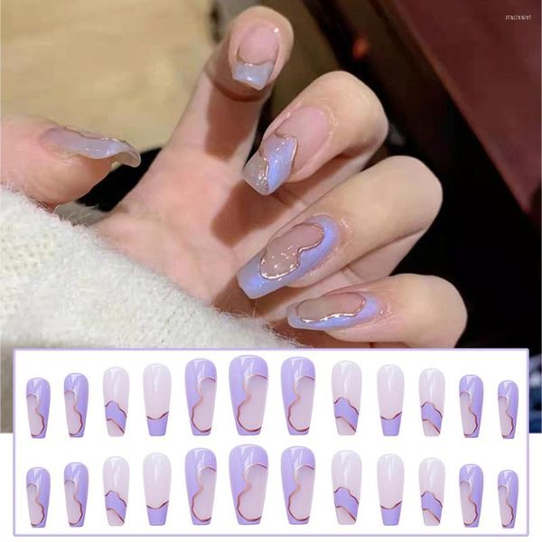 False unhas 24pcs Artificial Long Purple Patch com cola Sweet Style Fake Nail Fashion Manicure Press