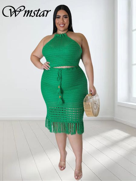 Damen Plus Size Hosen Wmstar Röcke Set in passender Kleidung 2-teilige Outfits Stricken Crop Top Maxirock Großhandel Drop 230324