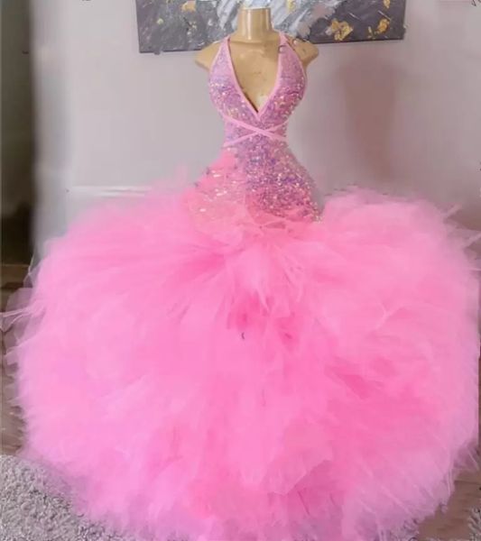 Glitter Pink Tutu Tül Deniz Kızı Prom Elbiseler Seksi Sırtsız Kolsuz Uzun Brithday Party Gowns Afrika Siyah Kızlar İçin Sequined Akşam Giyim