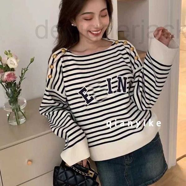 Camisolas femininas Designer do início do outono Bordado patch letra Black e White Stripe Sweater Loose Pullover casual Top Moda JS8C