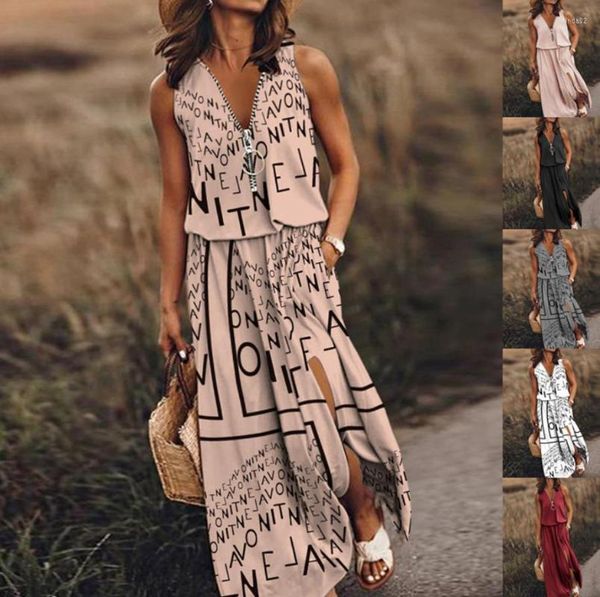 Lässige Kleider Langes Kleid Sommer Frauen ärmellose Buchstabe Print gegen Nacken Reißverschluss Tasche Telles Strandurlaub für