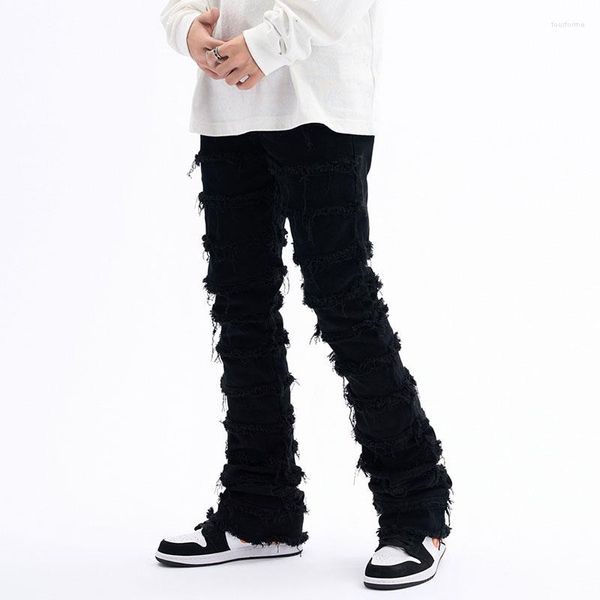 Jeans masculino High Street listrado com borla desfiado Calças masculinas rasgadas Daily Harajuku largas Calças casuais de brim com buraco oversized Primavera 2023