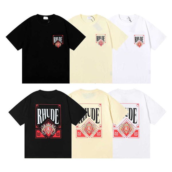 Nicchia 2023 Fashion Rhude Wine Red Card Stamping T-shirt a maniche corte in cotone di alta qualità per uomini e donne