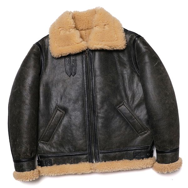 Erkekler Deri Sahte Klasik B3 Shearling Orijinal Lackain Lackae Yün Kürk Döşeme Havalı Kış Paltosu Vintage Giyim Adam Ceket 230324