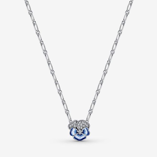 Pandora için Mavi Pansy Çiçek Kolye Kolye Kolyesi Gerçek Sterling Gümüş Düğün Partisi Kadınlar için Girlfriend Hediye Tasarımcı Zinciri Kolyeleri Orijinal Kutu ile