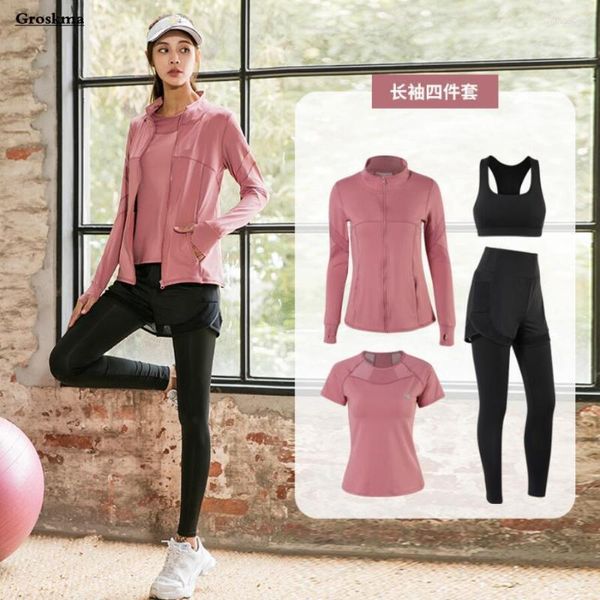 Set attivi Outdoor Running Donna 3/4 pezzi Set Fitness Palestra Abbigliamento Cappotti Reggiseno T-shirt Pantaloni Maglia Patchwork Tute da yoga Taglie forti Ropa Mujer