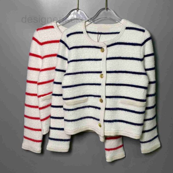 Designer de jaquetas femininas New Stripe Contrast Metal Button Mink Wool redonda de malha de malha