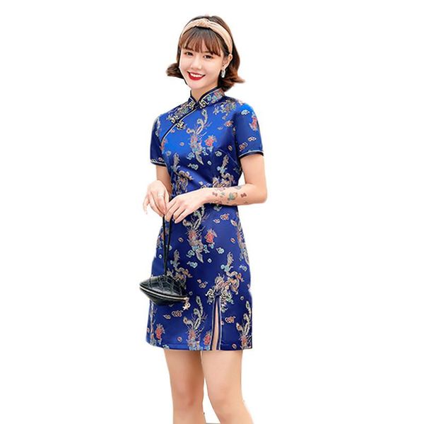 Roupas étnicas azul marinho acetin qipao verão dama