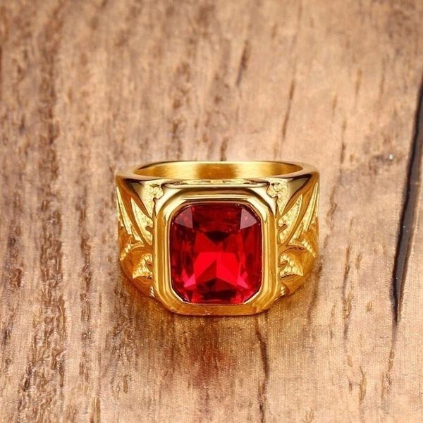 Anelli a grappolo Juno Fashion Uomo Hip Hop Cubo rosso Rubino Anello in cristallo Lega d'oro Scultura Gioielli Taglia 7 8 9 10 11 12 13 14Cluster