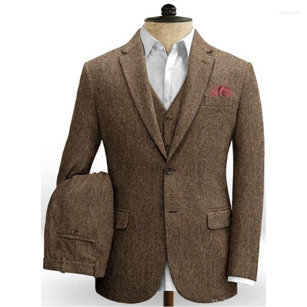 Herrenanzüge Dunkelbraun Hochzeit Smoking Herren Harringbone Tweed Bräutigam Outfits Herrenanzug Herrenblazer Maßgeschneiderte Jacke Hose