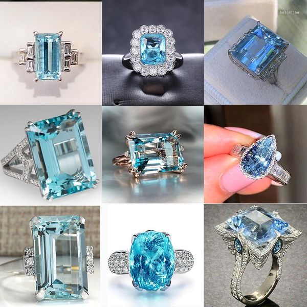 Cluster-Ringe Großhandel Bulk Aquamarin Silber Hochzeit Verlobung für Frauen Riesiger himmelblauer kubischer Zirkon Krappenfassung Valentinstagsgeschenk