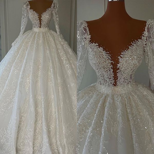 Splendidi abiti da ballo Abiti da sposa Scollo a V Paillettes Perline Maniche lunghe Candidati Perle Abito da corte senza schienale Pieghe Abito da sposa su misura Plus Size Abiti da sposa