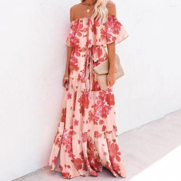 Повседневные платья Summer Beach Maxi платье Женское цветочное принт Boho длинные шифоновые оборки отключите плечо многоцветную сексуальную леди