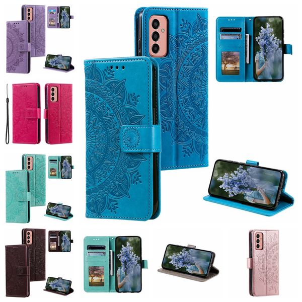 Leder-Geldbörsen-Hüllen für Moto E14 4G G Power 2023 G Stylus 5G G53 Samsung M14 A24 A54 5G A04E A34 A23E geprägtes Totem-Spitzen-Blumen-Mandala-Datura-Halter-Flip-Cover-Beutel