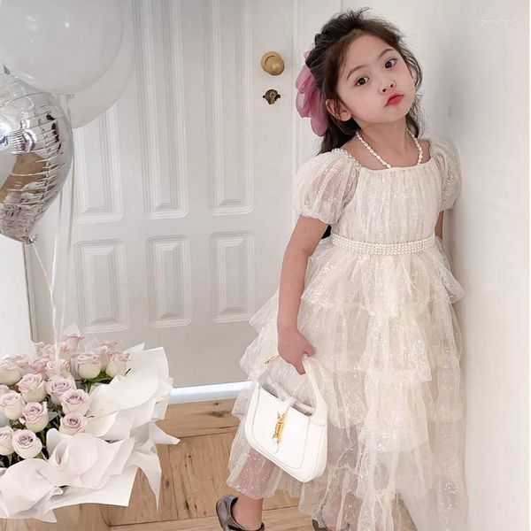 Mädchen Kleider 2023 Baby Mädchen Sommer Kleid Für Kinder Weiß Puff Sleeve Schichten Lolita Glänzende Pailletten Tutu Party Geburtstag Vestido kostüm