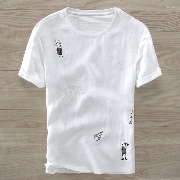 Camisetas masculinas Bordado de desenho branco Bordado de linho de mangas curtas Camiseta de camiseta redonda Camiseta casual de moda casual camiseta camisetas